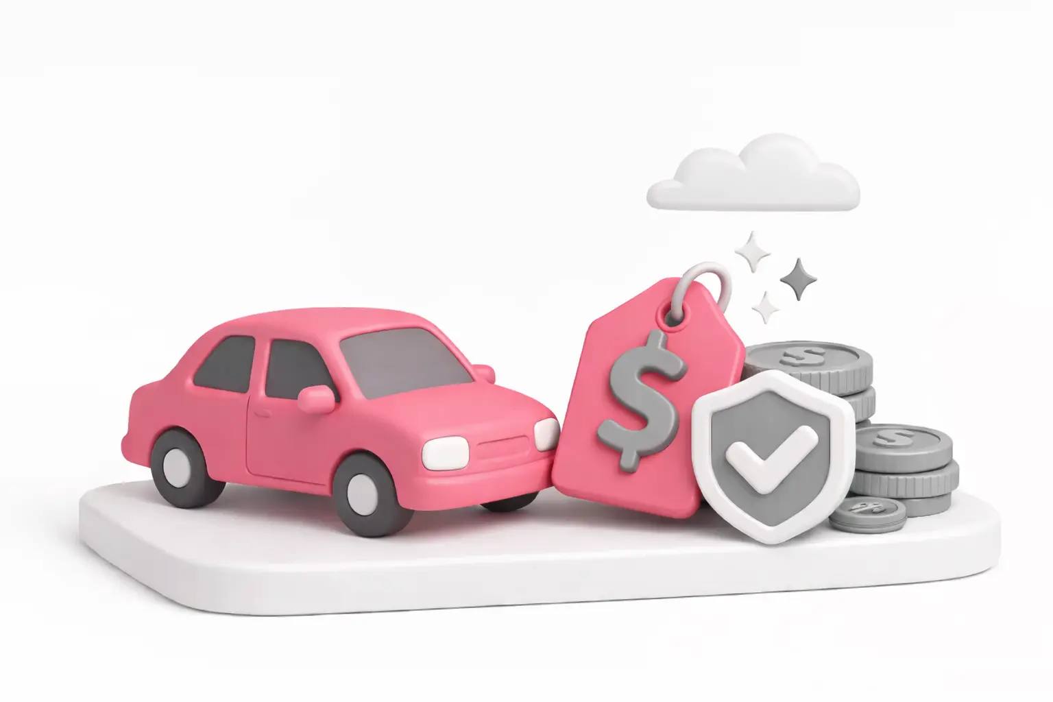 3d animated pink car next to coins and a price tag