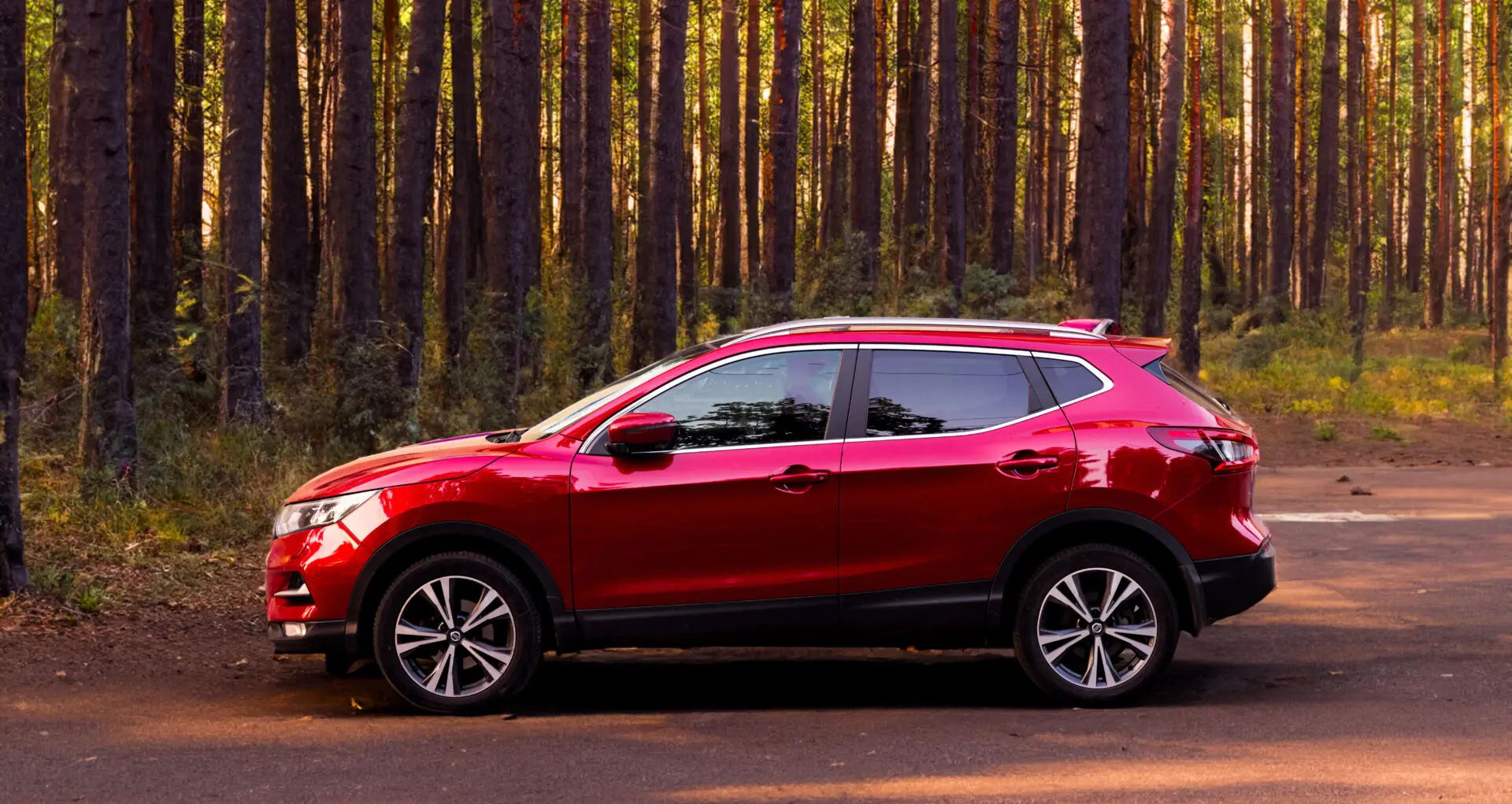 Side view of Nissan SUV in a forest